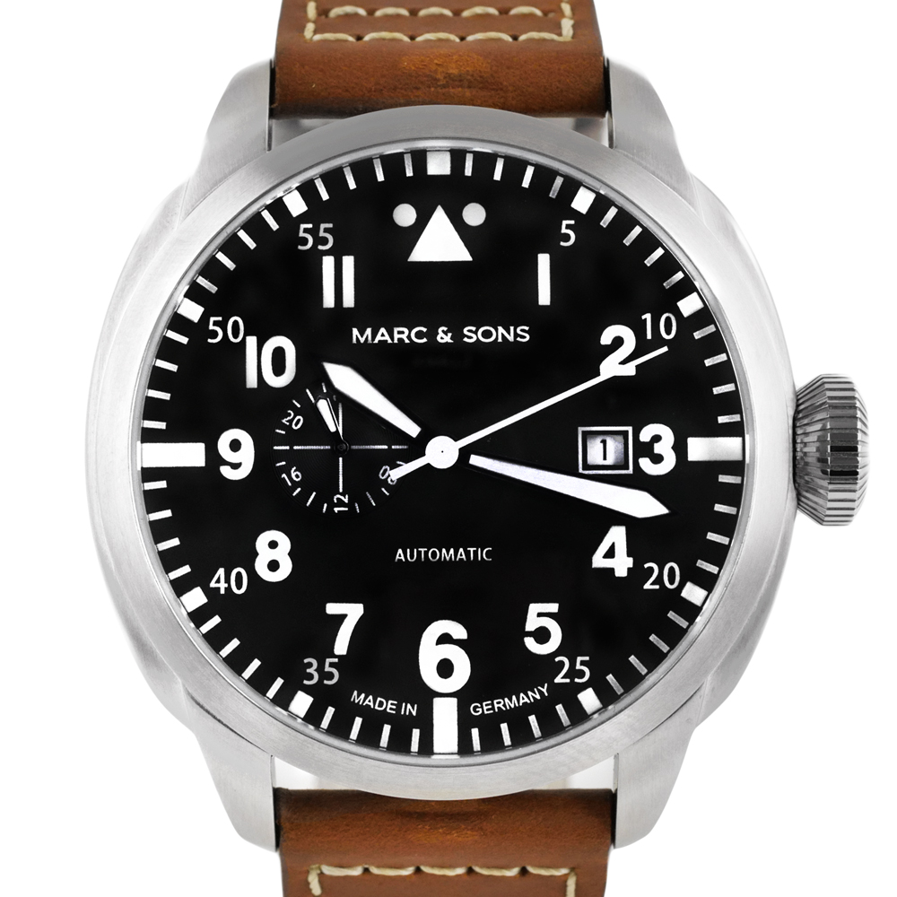 Marc & Sons Classic Black Professional Automatic Pilot Men's Watch 46mm 10ATM Black Dial/Brown Band